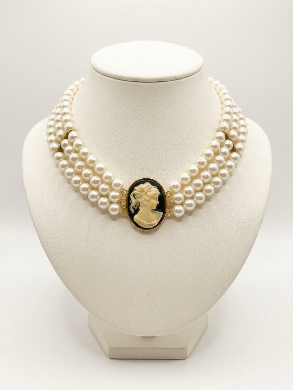 Vintage MCM gold tone white faux pearl Cameo choker 3 Strand necklace Victorian